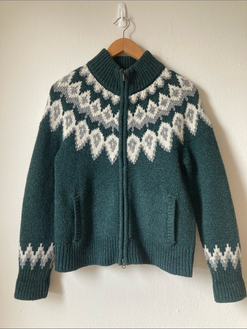 LL Bean Fair Isle Zip Up Sweater Cardigan Lambswool Sz S